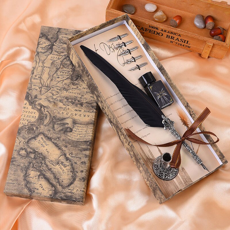 1Set Vintage Kalligrafie Veer Dip Schrijven Pen Inkt Set Briefpapier Box Met 5 Nib Festival Quill Fontein pen: black