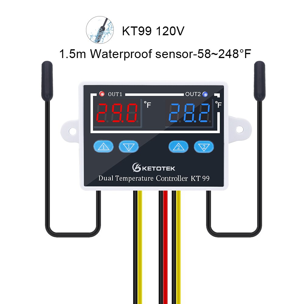 Termostato Digital para incubadora, controlador de temperatura, Control de enfriamiento de calefacción con sonda Dual, 12V, 24V, 220V, KT99: KT99HQBT 120V