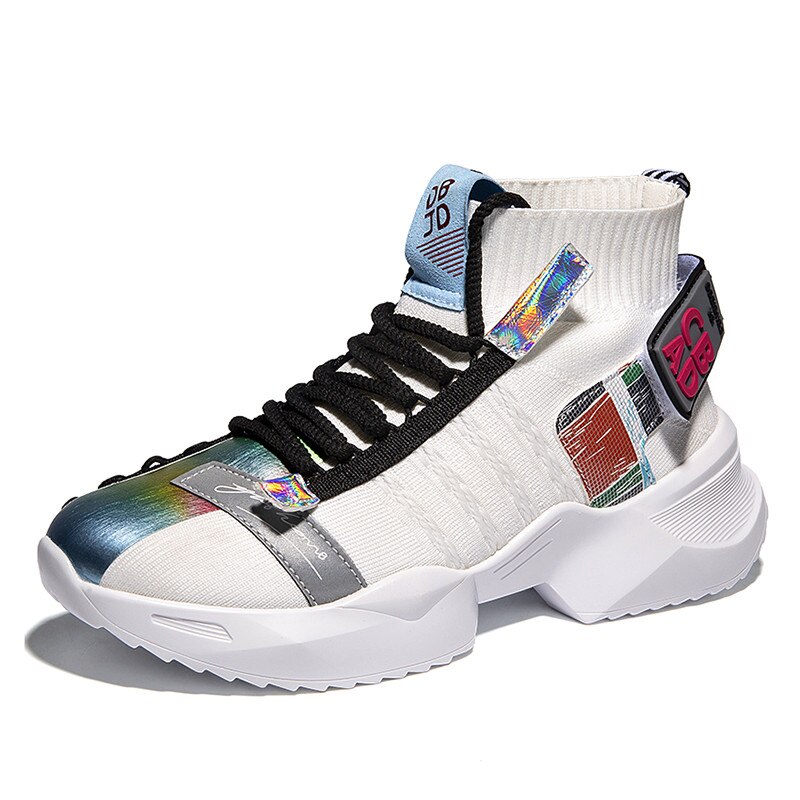 homme hip-hop hip-hop chaussures graffiti haut épais baskets léger à lacets filet décontracté chaussures garçons Zapatos Hombre: WHITE / 8