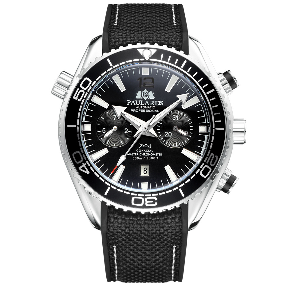 PAULAREIS P, reloj mecánico automático de lujo para hombre, correa de goma, resistente al agua, fecha luminosa, relojes de para hombre: Plata