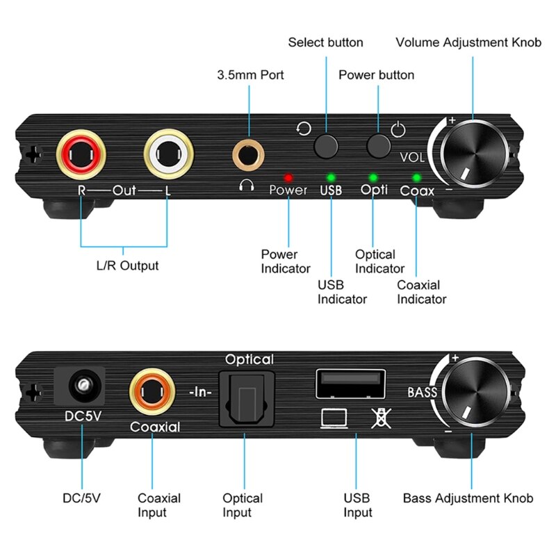 Nuovo convertitore Audio digitale/analogico 192KHz con regolazione dei bassi e del volume SPDIF digitale/ottico/Toslink/coassiale a L/R J0PB
