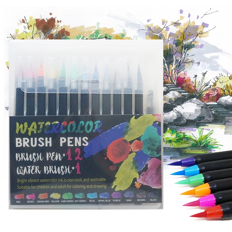 12Stck Aquarell Pinsel Marker Stift Kunst Filz Maler Kalligraphie Schule Kunst Liefert Schriftzug Färbung Pinsel Stifte setzt