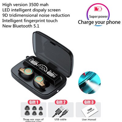 Écouteurs sans fil TWS Bluetooth 5.1, oreillettes étanches avec Microphone, avec boîte de charge 3500mAh, stéréo 9D, pour le sport: M18