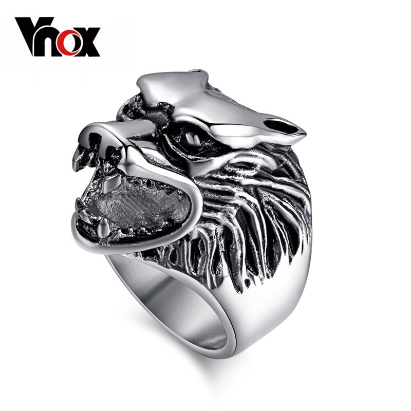 Vnox Wolf Head Ring Men Stainless Steel Metal Not Fade Cool Boy Party Jewelry