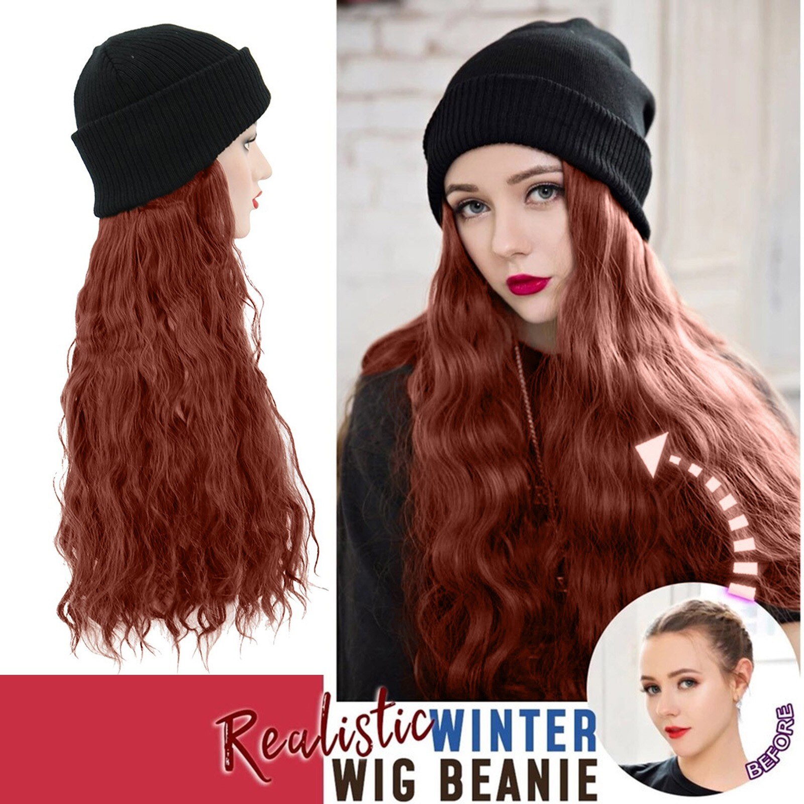 Synthetische Lang Krullend Knit Skiën Winter Hoeden Met Haar Pruik Beanie Bevestigd Hoed Pruik Voor Meisje Hangen Natuurlijke Katoen gemaakt #128