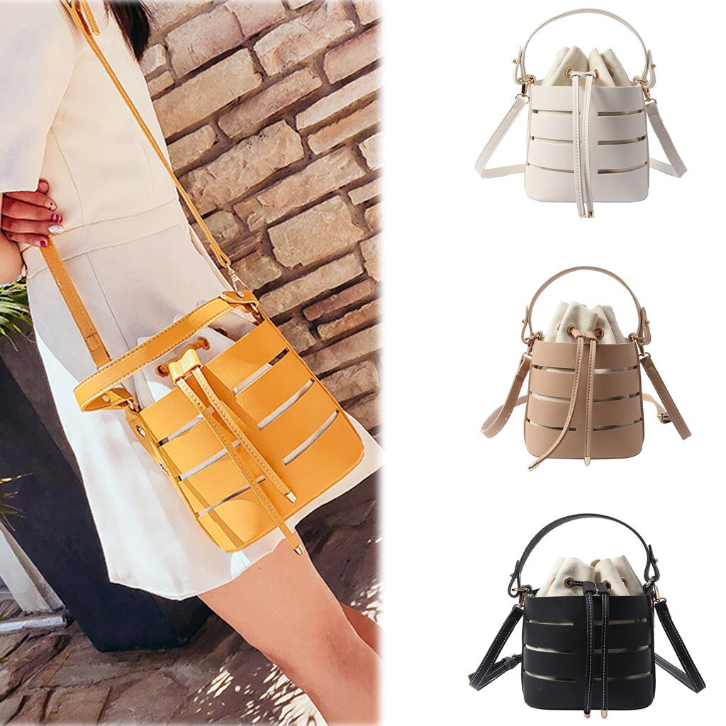 Aelicy Multi-layer Handbag Women's Hollowed Single Shoulder Bag Solid String Closure Softback Messenger Bags Bucket Pu