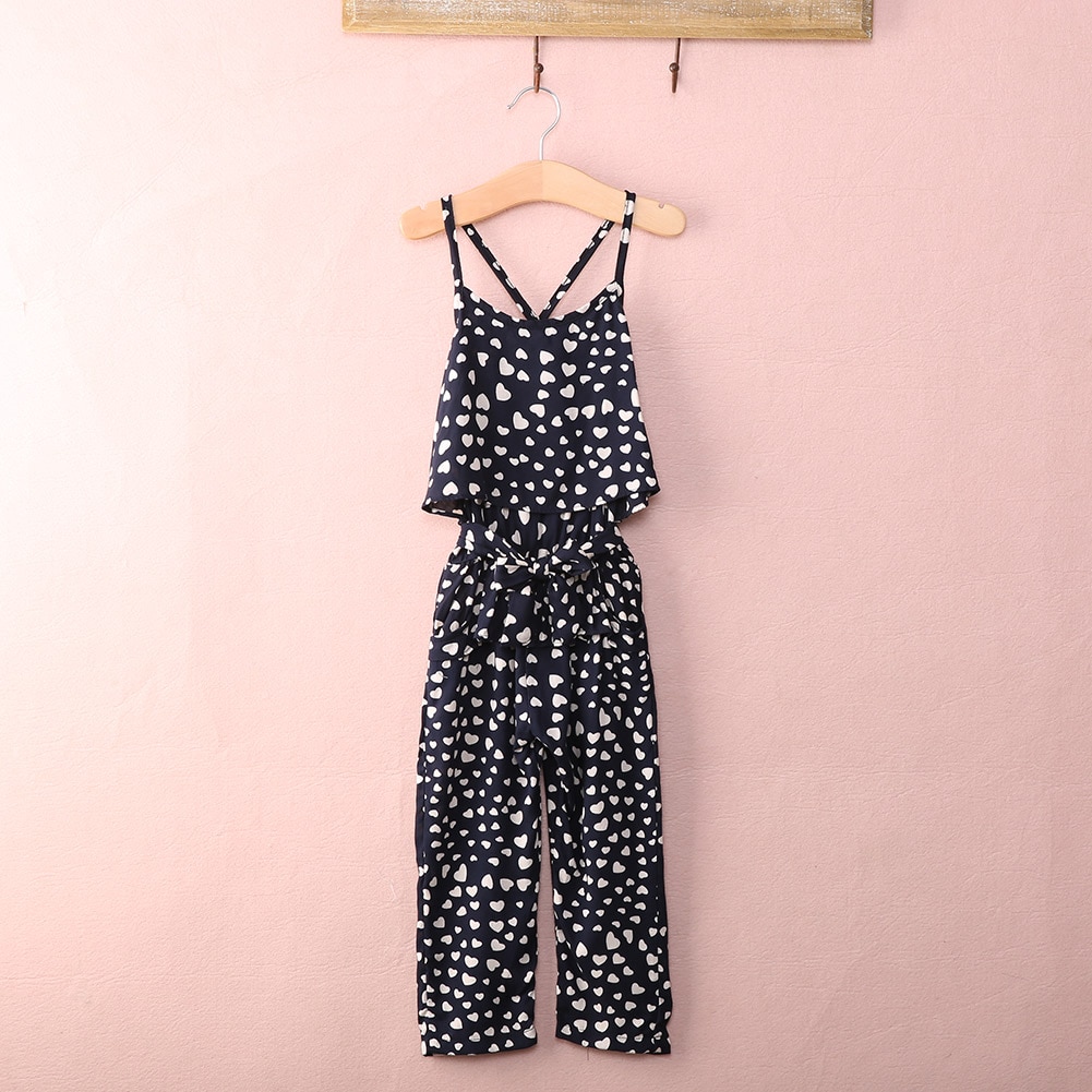 Casual sommar barn overall 2-7 år flickor remmar byxor svart+hjärta prick jumpsuit bomull