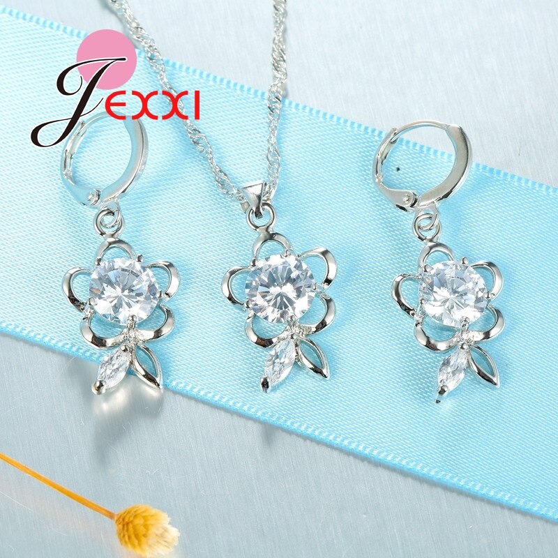 Ensembles de bijoux de mariage en cristal de Zircon cubique de de fleur Vintage pour les femmes boucles d'oreilles en argent pendentif ensembles de collier