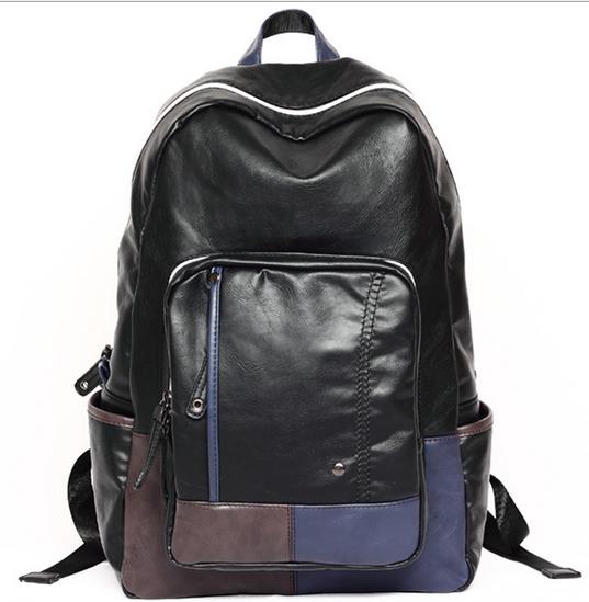 Mode mannen blauw lederen rugzak casual school tassen voor tieners desiger motocycle rugzakken 2 kleuren mochila de couro rugtas: Black