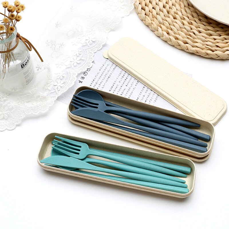 Wheat Straw Cutlery Set Cutlery Fork Spoon And Chopsticks Portable Cutlery Set Solid Color Storage Cutlery Set