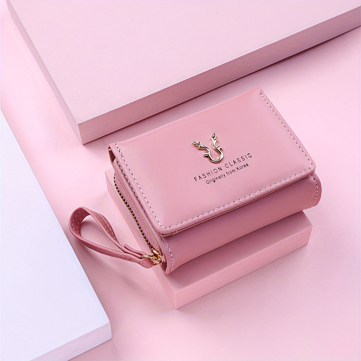 Classic Three Fold Wallet Coin Card Storage Women's Casual Student Small and Large Capacity: Pink