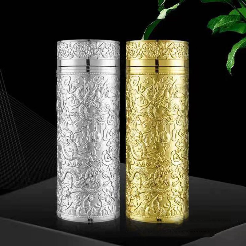Silver Inner Liner Thermos Bottle Chinese Style Dragon Pattern Water Bottle Insulated Thermos Flask For Camping Business