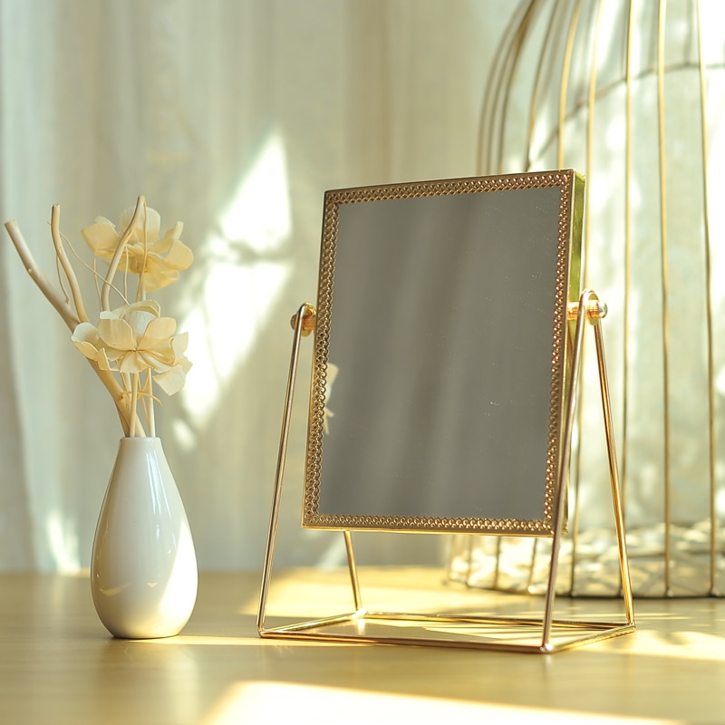 Retro lys luksus europæisk metal guld makeup spejl hjem skrivebord hjem firkantet runde dekorative spejle  wj527: B