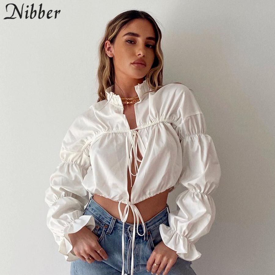 Nibber Sxey lace up Hollow puff sleeve tshirt for women fall Clothing O neck Ruffles long sleeve corp top mujer: White / S