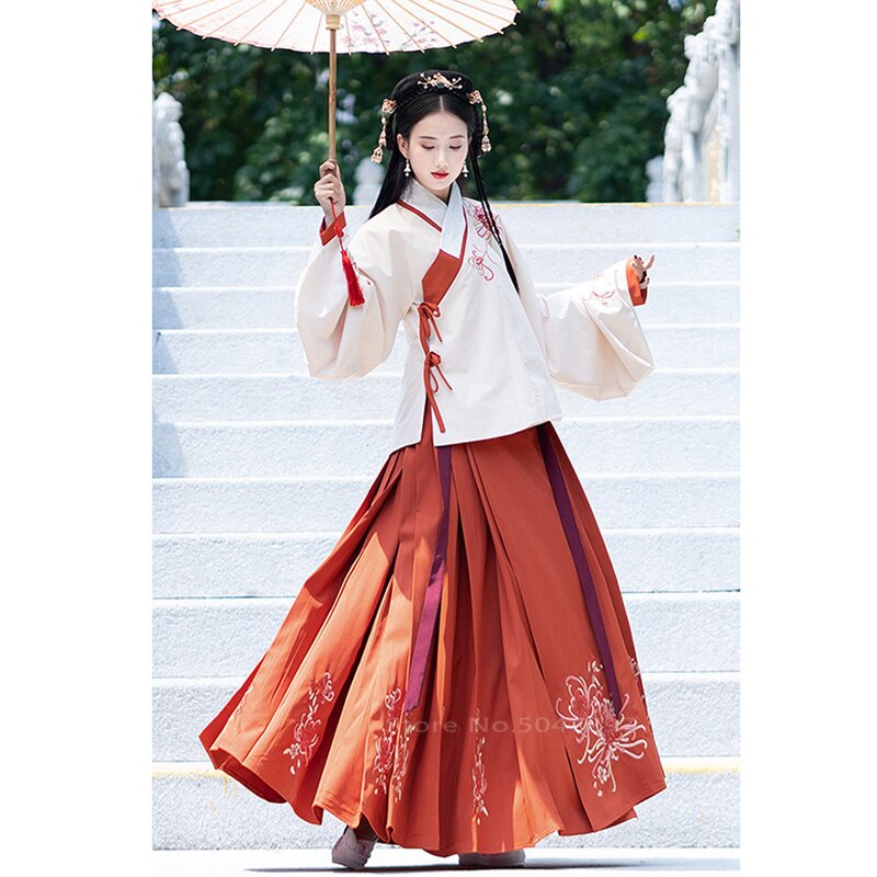 Chinese Traditionele Hanfu Vrouwen Volksdans Kostuum Borduren Jurk Meisjes Oude Elegante Tang-dynastie Oosterse Kostuum Kleding: top and skirt / M