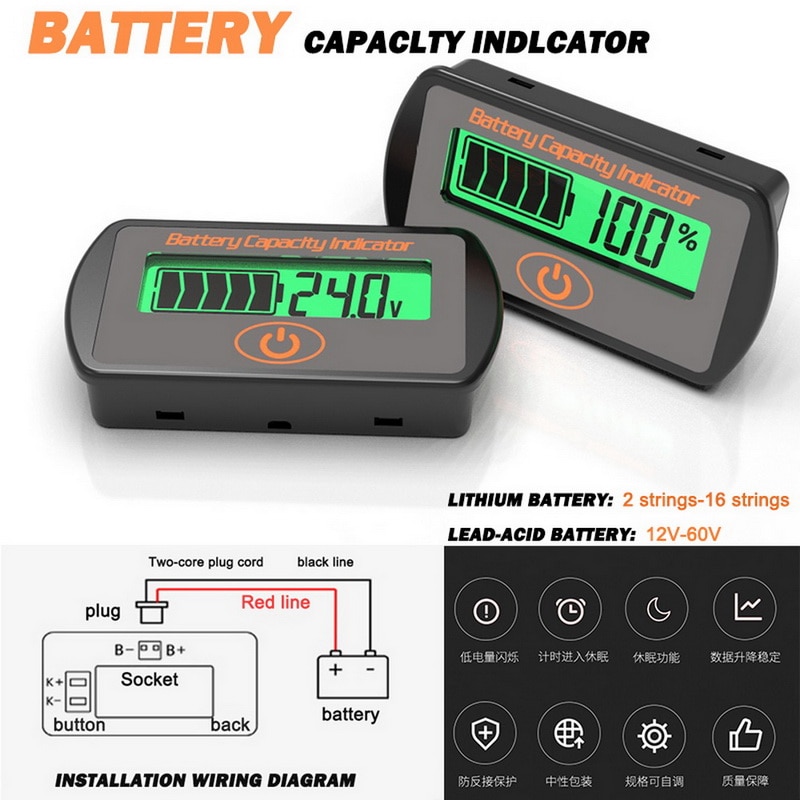 Battery Monitor Capacity Indicator Lead-Acid Lithium Battery Voltmeter LCD Digital Display DC Voltmeter