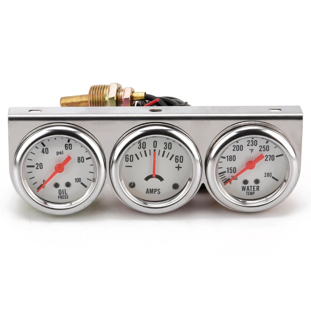 Car Chrome Panel Oil Pressure gauge Water Temp gauge Amp Meter Triple Gauge kit Set White Face Car meter