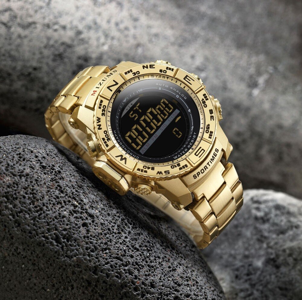 Montre à Quartz en acier doré pour hommes, chronographe électronique numérique LED, horloge de sport,