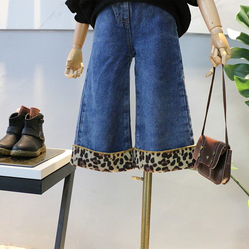 Flicka barn leopard utsvängda jeans för vinter sammet varma jeansbyxor baby barn byxor kläder
