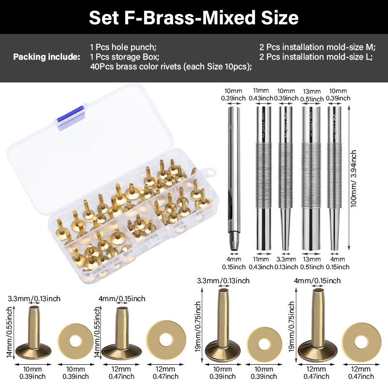 WUTA 43 Pcs Pure Copper Rivets and Burrs,4 Sizes Set Solid Brass Studs Setting Tool for Belts Wallets Collars Leather DIY Craft: Brass