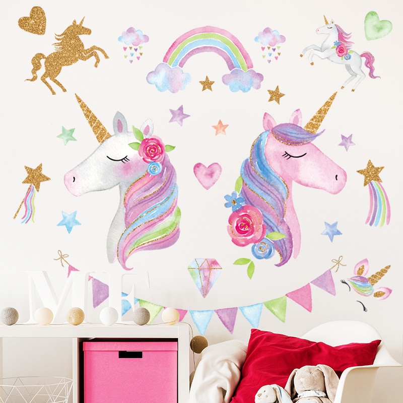 Cartoon Muur Sticker Roze Eenhoorn Voor Prinses Kid 'S Kamer Decoratie Verwijderbare Behang Zelfklevende Pvc Vinyl Posters