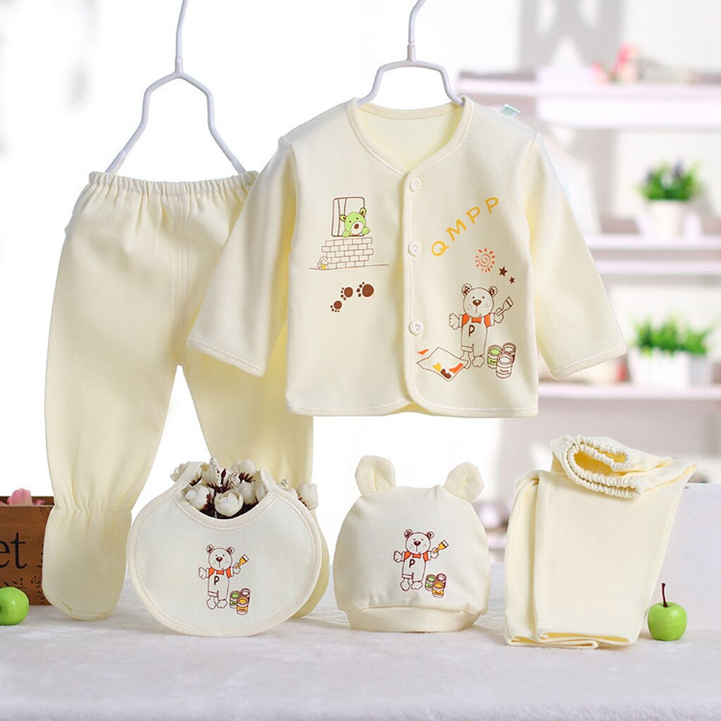 5Pcs Pasgeboren Nachtkleding Set Baby Jongen Meisje Cartoon Lange Mouwen Tops + Hoed + Broek + Bib Outfit Sets pasgeboren Kleding Детская Одежда