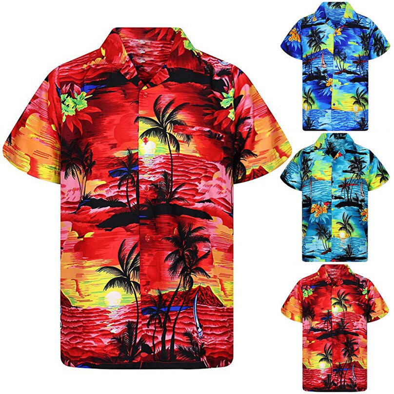 Men's Casual Button Hawaii Print Beach Short Sleeve Quick Dry Top Blouse Surf beach t-shirt &4JJ01