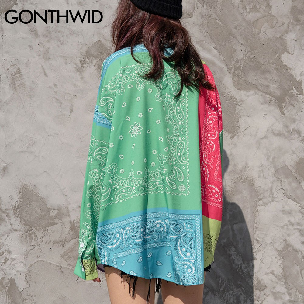 GONTHWID Bandana Paisley Pattern Color Block Hawaiian Shirts Beach Casual Long Sleeve Shirt Tops Party Harajuku Blouse
