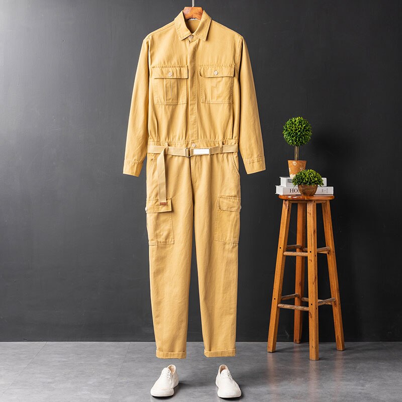Mono de manga larga de algodón con solapa para hombre, ropa de trabajo japonesa, holgada, con múltiples bolsillos, pantalones Cargo, color caqui y negro