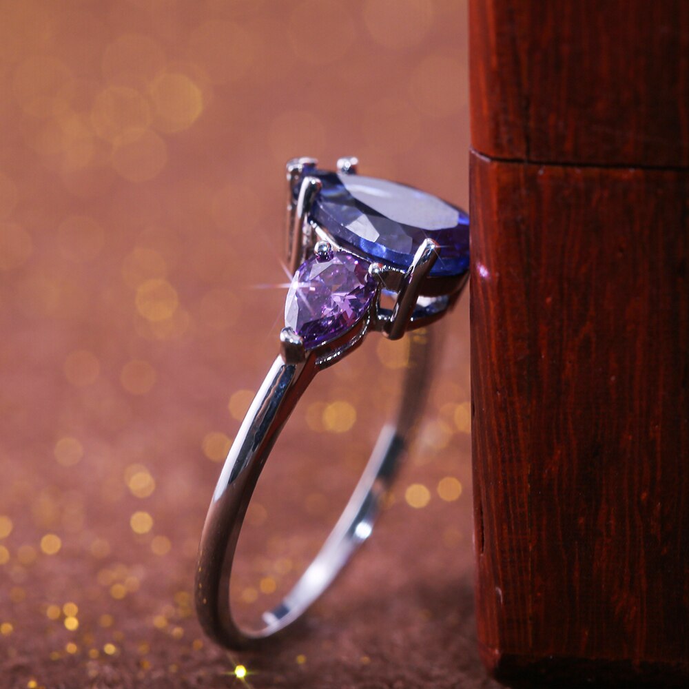 HUITAN Tear Women Ring With Bright Blue Purple Stone Wedding Engagement Ring Pear Shaped Water Jewelry Women Ring