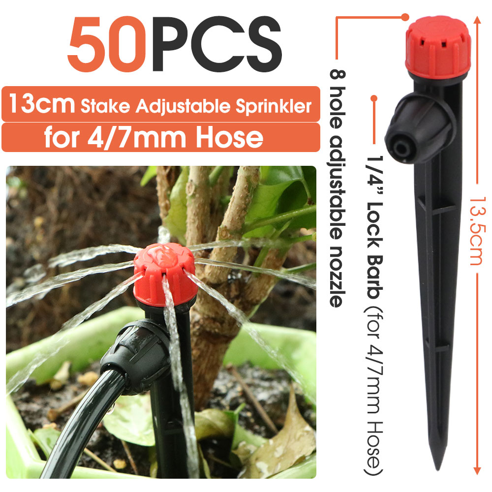 Trädgård 13cm mikro droppbevattningspridare 1/4 " slanglås 8- hål justerbar munstycke dropper för 4/7mm slangar krukväxtbevattning: Röd