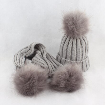 HEALCOLD Jungen Mädchen Hütte Schal einstellen freundlicher Pelz Bommel Mützen Schal Winter Schal Hütte Für freundlicher: grau Hut grau Fell