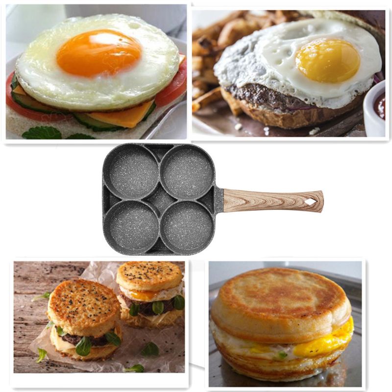 Poêle à omelette 4 trous pour œufs de Burger machine à crêpes jambon manche en bois marmite antiadhésive cuisson petit déjeuner
