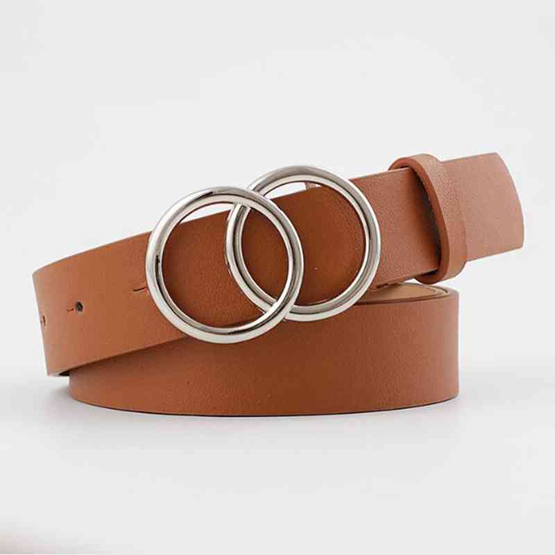 Riemen voor vrouwen dubbele ring riem pu leer metalen gesp taille riem dames casual jurk jeans wilde tailleband: Kameelsliver