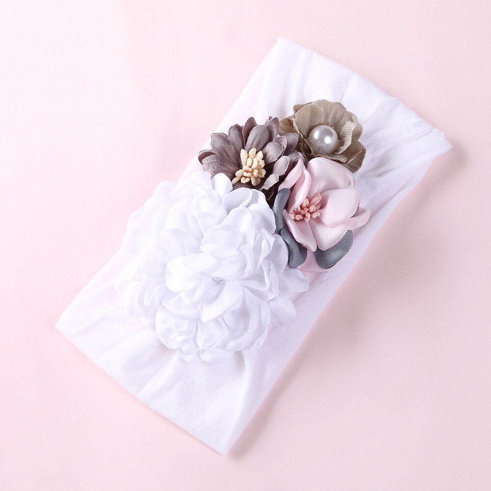 Mädchen freundlicher Baby Bogen Hairband Elastische Stirnbänder Nette 3D Blume strecken Turban Blume Kopf wickeln Kleinkind Prinzessin Haar Zubehör: White2