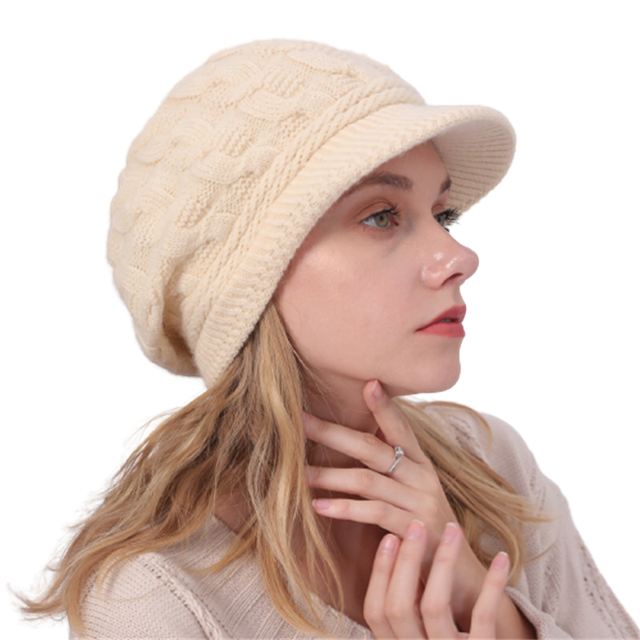 Gorros de felpa con visera de punto trenzado para mujer, boina informal a prueba de viento, Color liso, Otoño e Invierno: HSH25-Beige