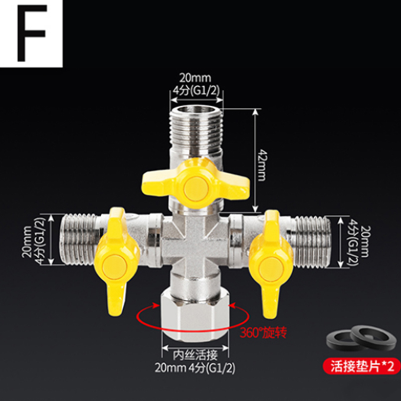 1/2 "Fittingen Alle Koperen Plating 3-Weg 4-Way Gasklep Hoek Ventiel Bal Boiler kraan Schakelaar Shunt Outlet Conversie: tan