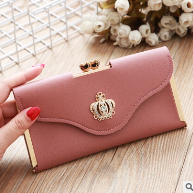 Cartera de mano de piel sintética con corona para mujer, cartera larga, tarjetero, bolso de mano: Rose