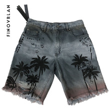 Mens jeansshorts vanliga hiphop knälånga shorts med korta hål för män sommar hawaii kokosnöt träd shorts