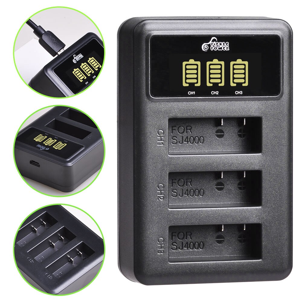 3Pcs PG1050 Actie Camera Batterij + 3 Poorten Led Charger Voor Sjcam SJ4000 SJ5000X Eken H9 H9R H8R H8