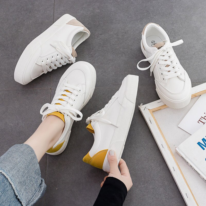 Vita sneakers dam pu-läder lågklackat platt plattform dam snörning vita skor dam storlek 35-40 ab512