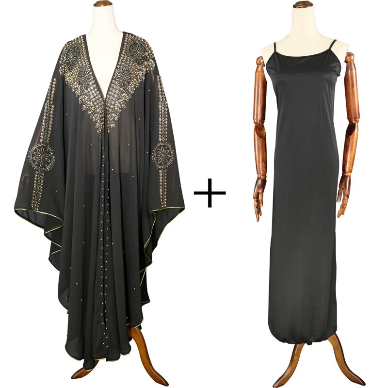 MD Super Size Chiffon Djellaba Dress Beading Embroidery Muslim Kimono Abaya Cardigan Dubai Turkish Kaftan Moroccan Boubou: Black 2