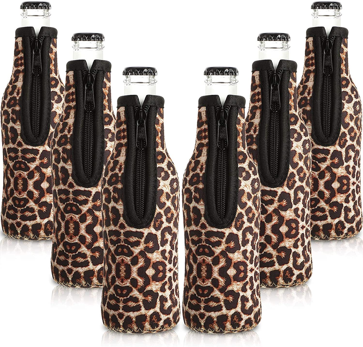 6pcs Beer Bottle Cooler Sleeves with Ring Zipper Collapsible Neoprene Insulators for 12oz 330ml Bottles Party Drink Coolies: Leopard