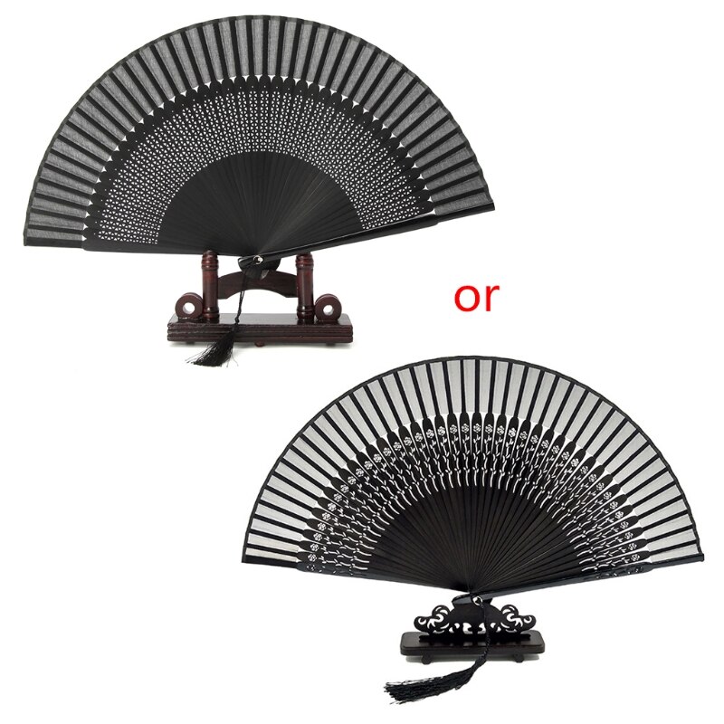 Carved Hand Held Folding Fans Bamboo Wood Silk Folding Fans For Events