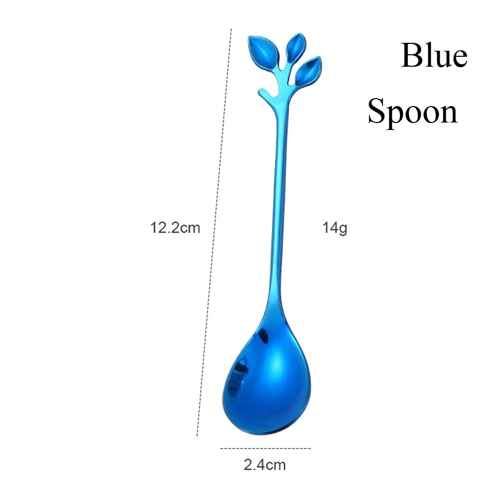 Dessert Utensils Small Branches Leaf Home &amp; Kitchen Coffee Spoon Fruit Fork Upscale Dinnerware Tea Scoops: blue-Spoon