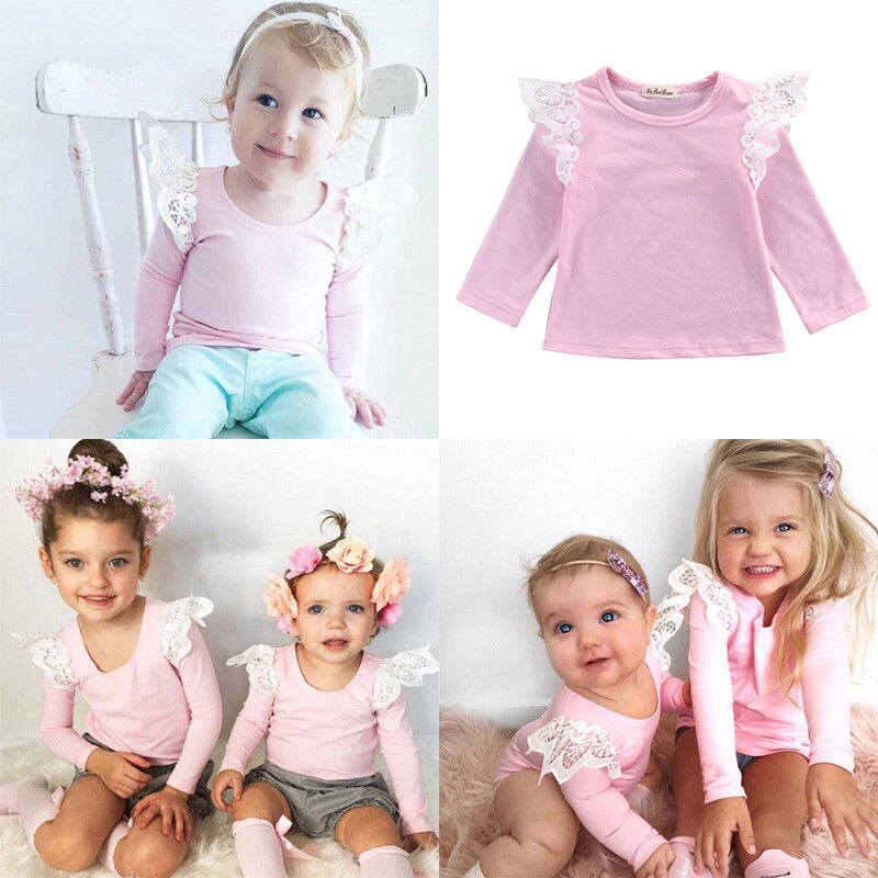 Neonato Vestiti del bambino del cotone manica lunga autunno Infantile Bambini Bambino Della Ragazza Del Merletto Spalla T-Shirt Top Outfit