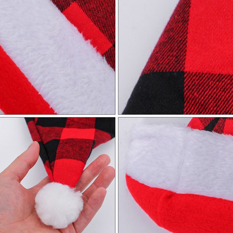 Kerst Hoed Voor Kerstman Zwart En Rood Plaid Kerst Hoed Met Hairball Xmas Cap Ornament Voor Party jaar Decor