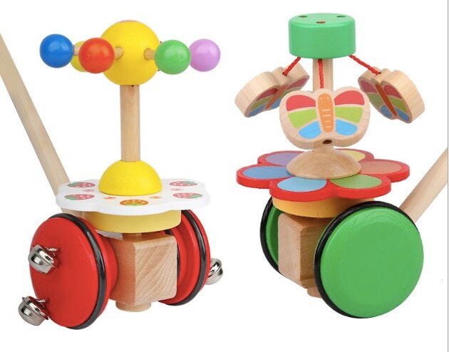 Marcheur en bois tige de poussée jouet dessin animé rotatif rouleau chariot apprentissage marche guide bois première étape voiture enfant en bas âge chariot bébé anniversaire