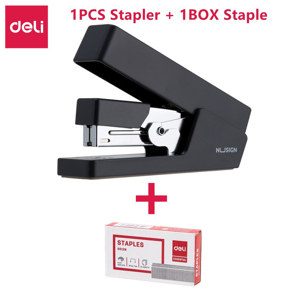 Deli Nusign Effortless Stapler With 1000 Piece Staple 24/6 26/6 Korean Stapler for Stationery Office Accessories School Supplies: Black With Staple