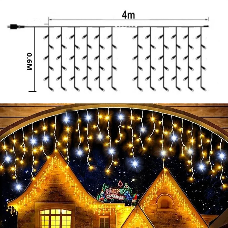 Christmas Festoon Led Icicle Curtain Lights Outdoor 4M(W)*0.6M(H) White Flash Fairy String Light Clear Wire Year Decorations